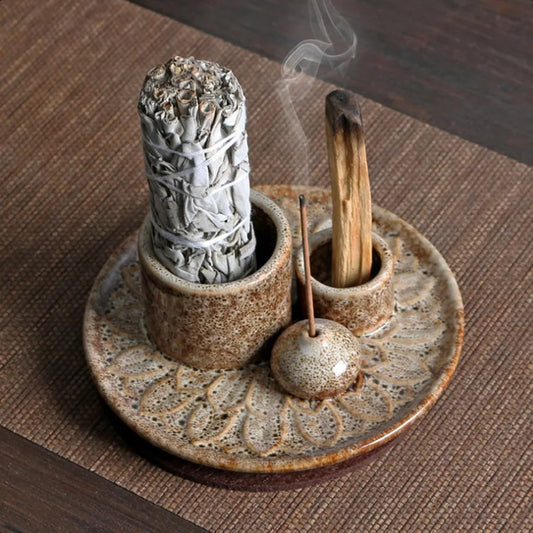 Ceramic Incense and Candle Holder with Ash Catcher Tray